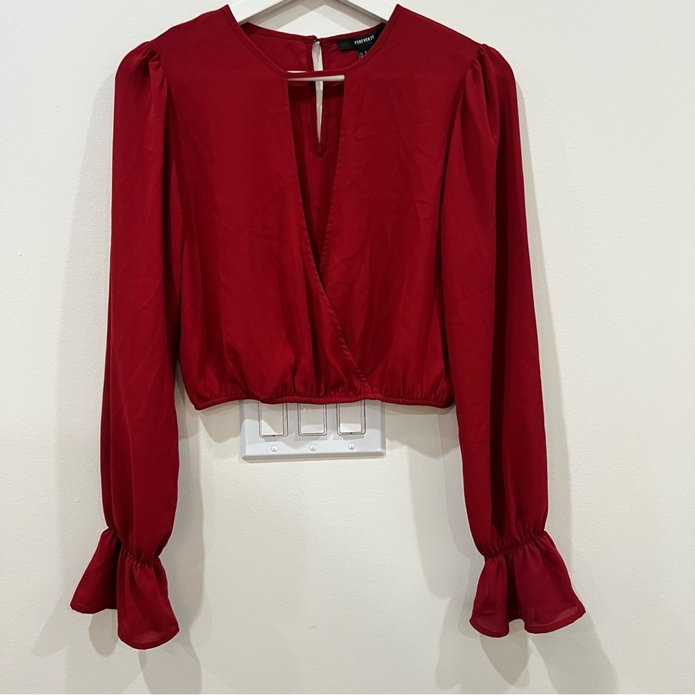 Forever 21 Crimson Red Surplice Long- ruffle Sleeve Crop Blouse NWT